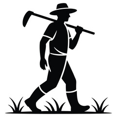 Silhouette of a farmer walking with a hoe isolated on