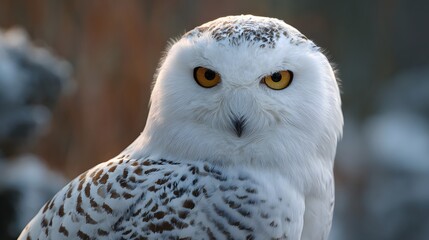 Obraz premium Close-up of a majestic snowy owl with piercing yellow eyes looking directly at the viewer.