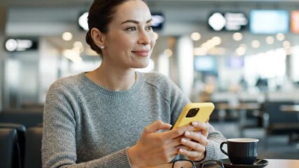 Woman in grey sweater smiles while using yellow phone at cafe