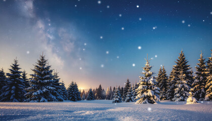 winter night landscape. snowy forest and fir branches. background bokeh