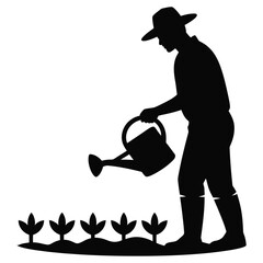 Silhouette of a farmer watering plants isolated on