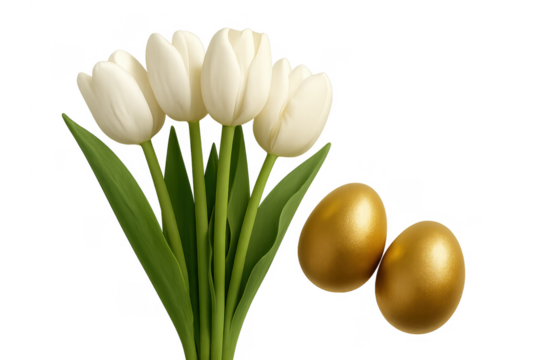 White tulips and golden eggs for easter celebration