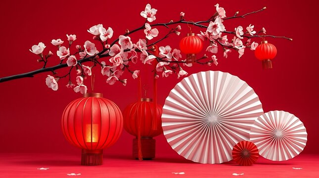 Red Chinese New Year Lanterns with Cherry Blossom Branch and Festive Paper Fans on Red Background