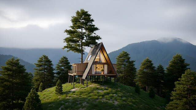 A-frame tree house design on pine forest hill, cloudy mountain background