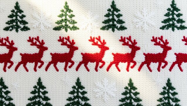 Knitted fabric with embroidered reindeer and Christmas trees - Powered by Adobe