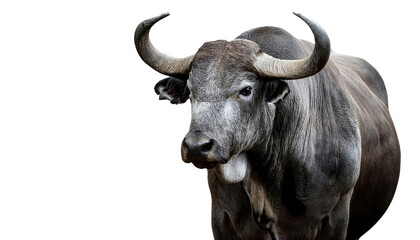 Fototapeta premium Powerful Black Bull Isolated on White - Strong Cattle Livestock Photography