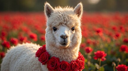 Naklejka premium Cute alpaca wearing a wreath of red roses in a field of red flowers