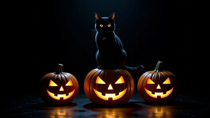 Black cat on glowing jackolanterns