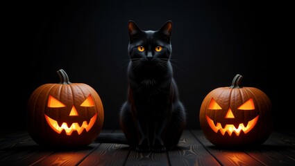 Black cat between glowing jackolanterns