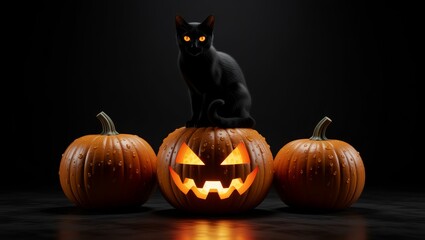 Black cat on glowing jackolantern pumpkin