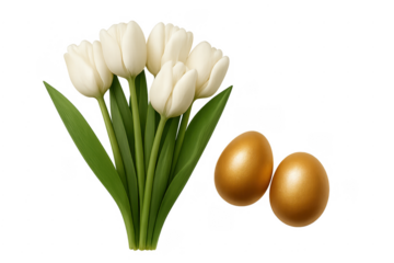 White tulip bouquet with golden easter eggs on transparent background