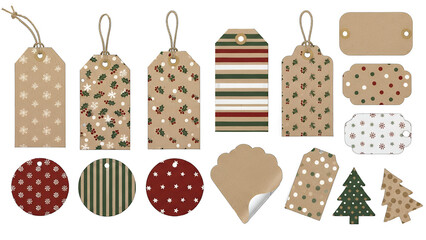 Little gift tags and labels set, kraft paper, festive patterns