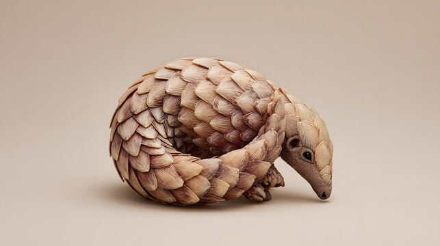Close-up of a pangolin curled up in a defensive ball on a plain background, showcasing its unique scales and protective posture.