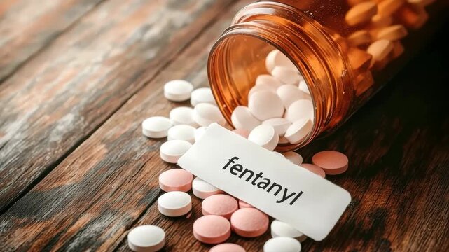 Fentanyl pills spilling from prescription bottle