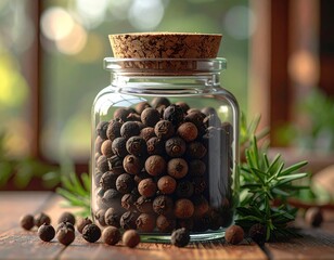 Jar of berries. Cork lid, wood table, greenery background