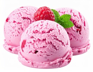 Pink ice cream scoops with raspberry, mint