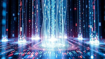 digital glass stage landscape with glowing vertical light beam energy wave matrix particle