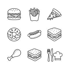 Outline Vector Icons Set of Popular Fast Food, Snacks, and Restaurant Items