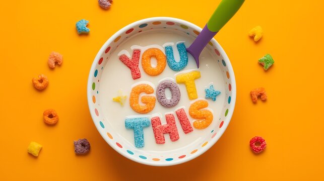 Colorful cereal bowl with motivational message “You Got This” floating in milk on bright orange background, playful breakfast inspiration concept