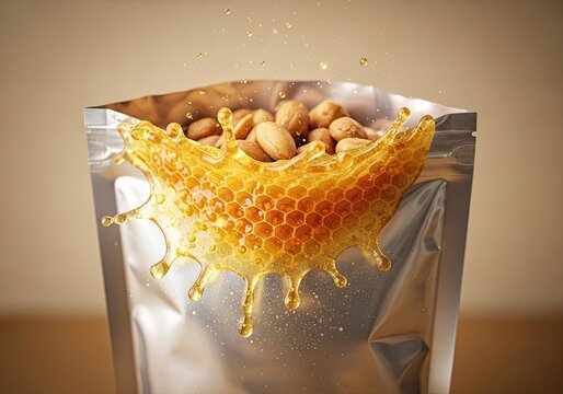 Silver pouch presenting honey peanuts enhanced by luminous honeycomb splash textures