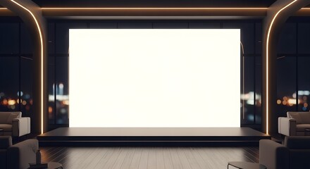 Modern empty stage with a large blank white screen in a dark conference room overlooking city lights at night.