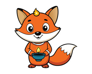 cute fox lighting diwali diya lamp colorful cartoon vector illustration design