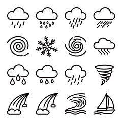Naklejka premium Outline Icons Set of Severe Weather, Natural Disasters, and Marine Symbols
