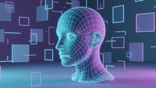 Wireframe human head with neon geometric shapes
