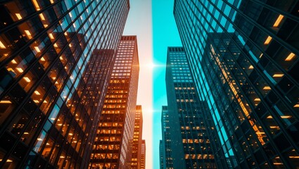 Skyscrapers towering against bright sky at sunrise