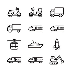 Outline Icons Set of Commercial and Heavy-Duty Transportation and Vehicles
