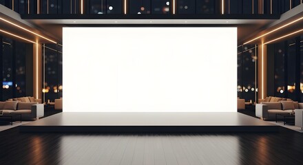 A modern, luxurious event hall with a large blank white screen on a stage, surrounded by elegant seating areas and city views.