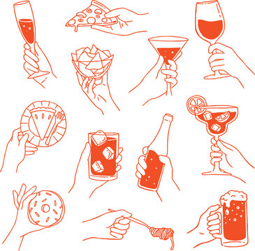 A playful and elegant red line art set featuring hands holding various food and drink items&mdash;perfect for cafes, restaurants, lifestyle blogs, and menus.