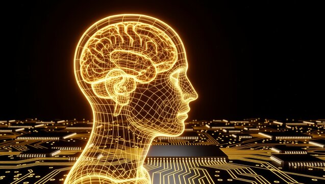 Wireframe human head with glowing brain on circuit board