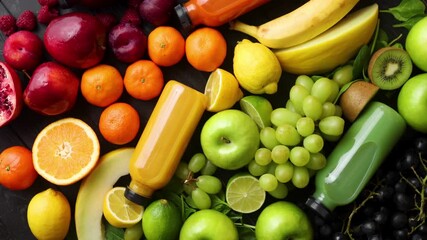 Vibrant rainbow of fresh fruits & healthy juice bottles for wellness & vibrant lifestyle - Powered by Adobe