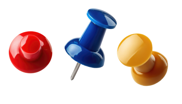 Colorful Plastic Push Pins and Thumbtacks Isolated on White Background