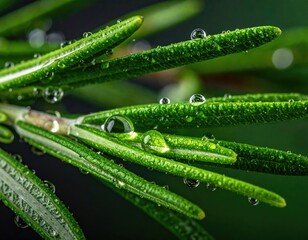 Water droplets clinging to bright green needle-like foliage