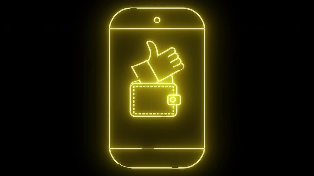 Yellow neonstyle illustration of a mobile phone displaying a thumb up inside a wallet set against a black background
