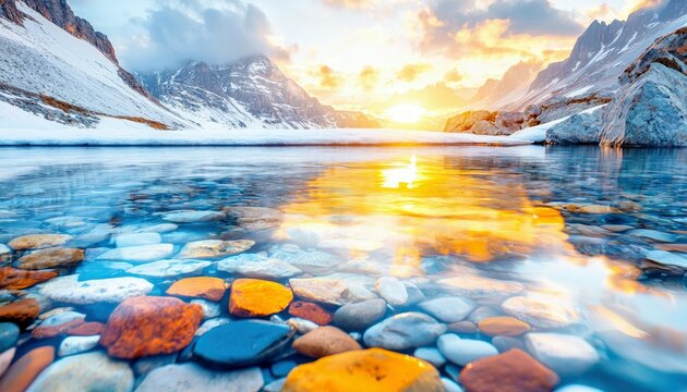 A scenic view of a mountain lake with colorful rocks in the foreground and the sun setting over the mountains, creating beautiful reflections in the water. - Powered by Adobe