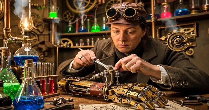 Steampunk inventor meticulously working on a mechanical arm in a vintage laboratory filled with colorful potions