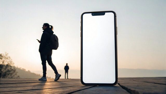 Silhouette of young business people with mockup smartphone