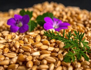 Wheat grain pile adorned with purple flowers and green leaves