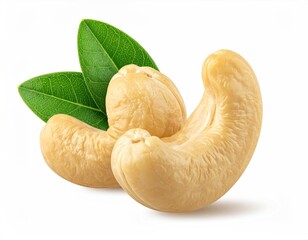 Cashews with leaves, closeup, isolated on white