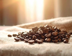Coffee beans pile on burlap, sunlit background, warm