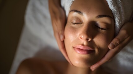 Close-up of a serene woman enjoying a relaxing facial massage at a luxurious spa, with her eyes closed and a towel wrapped around her head.