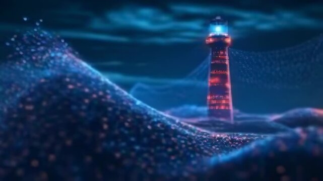 Abstract Digital Lighthouse Guiding Waves, Symbolizing Hope and Resilience in Technology
