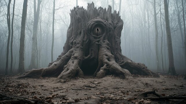 A large, gnarled tree stump with a figure silhouetted in an opening, set in a foggy forest. The scene evokes a sense of mystery and foreboding.