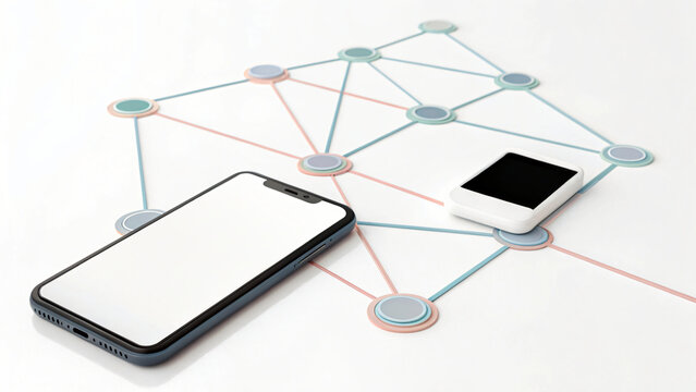 3D connection diagram on a white background with digital technology for communication between a device and a smartphone