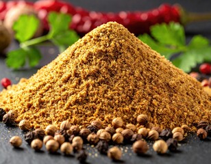 Golden spice pyramid on slate, peppers, cilantro behind