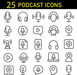 Podcast Icons Collection, Audio Broadcast Outline Symbols, Streaming and Recording Vector Set, Minimal Media Mic Icons Pack