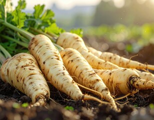 Parsnips harvested, fresh, laid on dark soil